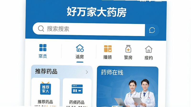 一张好万家大药房APP首页截图,蓝色主色调界面,顶部有“好万家大药房”白色品牌标识,中间搜索栏和分类图标排列整齐,下方“推荐药品”和“药师在线”板块以卡片形式呈现,布局清晰,风格简约现代,高清画质,干净无多余元素,文字“好万家大药房”突出显示。