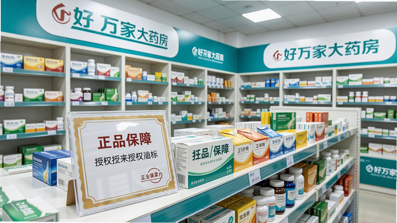 一张展示好万家大药房药品仓库的实拍照片,货架上整齐摆放各类药品,近景处放置“正品保障”授权证书,画面明亮干净,风格真实可信,高清画质,突出“好万家大药房”品牌元素。