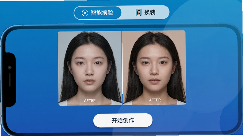 手机屏幕显示AI换脸换装应用主界面,上方为智能换脸和换装模板两个标签,中间左右对比展示换脸前后效果,下方有开始创作按钮,背景为渐变色科技蓝,整体排版简洁清晰,风格现代扁平化,细节丰富,画质超高清,干净无多余元素