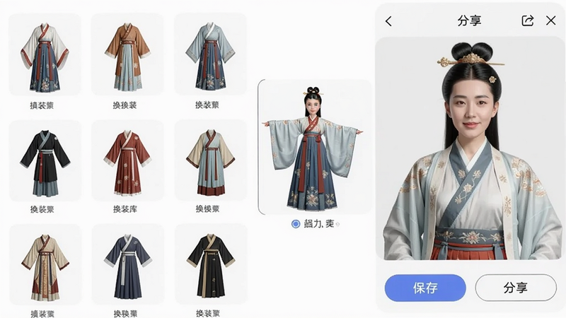 手机上显示AI换脸换装的换装模板库,列表展示多种服装缩略图,当前选中一套汉服,预览区域显示用户面部已替换到汉服模特身上,界面底部有保存和分享按钮,风格清新,排版整齐,画质高清