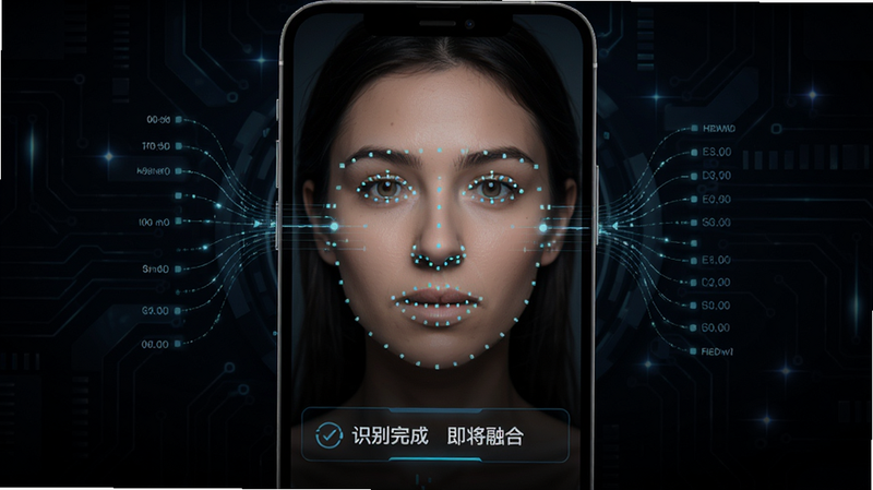 展示AI换脸换装应用中的面部识别过程,屏幕上人脸标注关键点(眼睛、鼻子、嘴巴),周围有数据流动线,界面下方显示识别完成即将融合,背景暗色科技风,画质清晰,布局居中,无多余元素