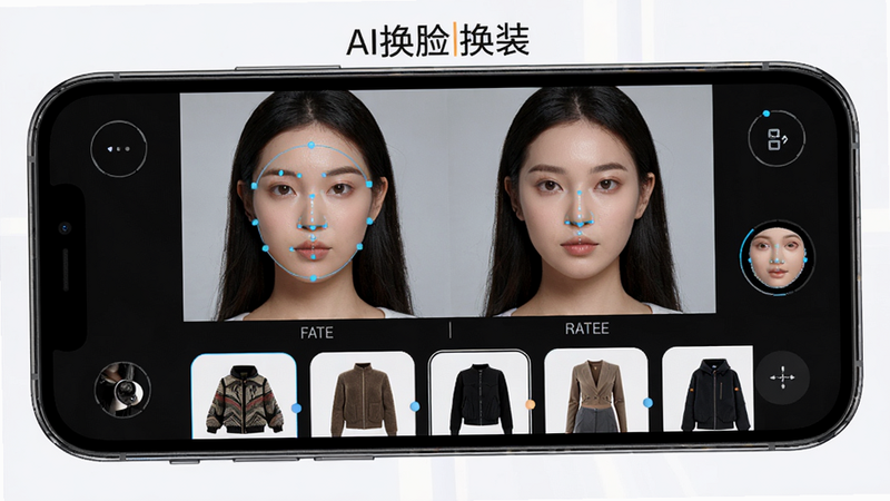 主体为手机界面展示AI换脸换装应用,布局居中,上方显示换脸前后对比,下方有模板选择区,排版简洁现代,风格科技感,细节包括人脸特征点标注和服装纹理,画质高清,图片上文字