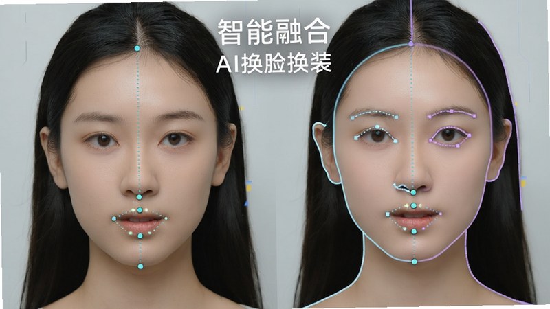 主体为两张人脸融合过程对比图,左侧原始照片,右侧换脸后,布局左右并排,排版清晰,风格科技感,细节包括面部关键点和融合边缘,画质干净,图片上文字