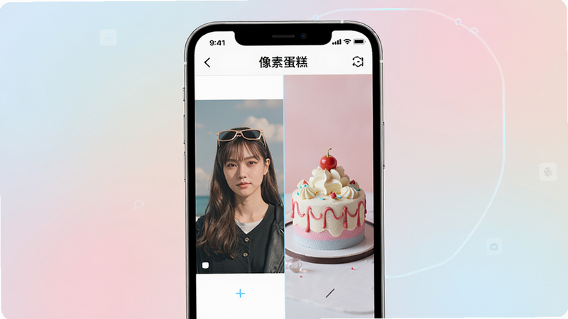 画面中央展示一部智能手机屏幕,屏幕上显示“像素蛋糕”软件主界面,左侧为原图,右侧为修图后的效果对比,背景柔和渐变,风格科技时尚,细节清晰,画质干净,无多余元素。