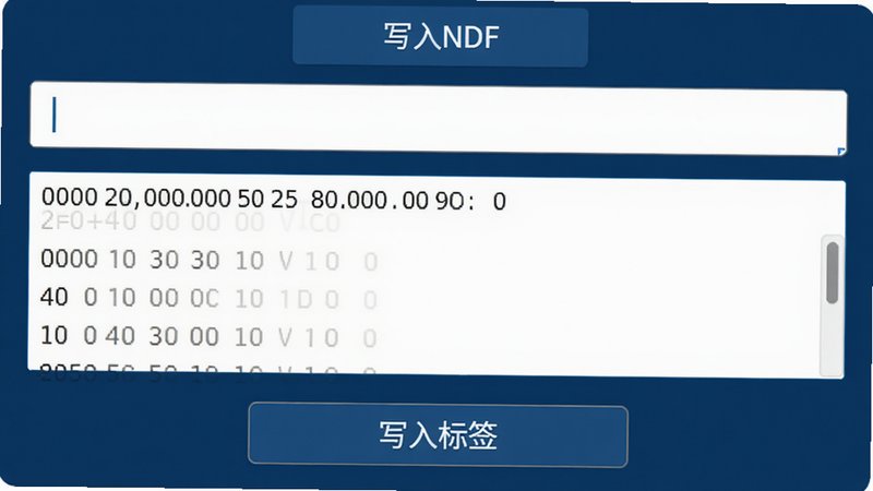 NFCTool写入数据界面,上方显示“写入NDEF”选项,下方有文本输入框和十六进制编辑区,按钮为“写入标签”,布局对称,配色深蓝,高清