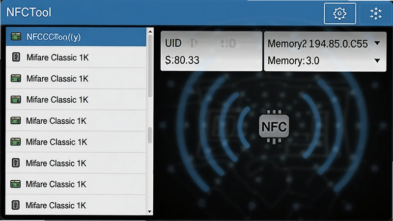 NFCTool识别标签界面,界面左侧列表显示不同芯片型号如“Mifare Classic 1K”,右侧显示UID和内存信息,背景有NFC天线波纹,画质清晰,简洁