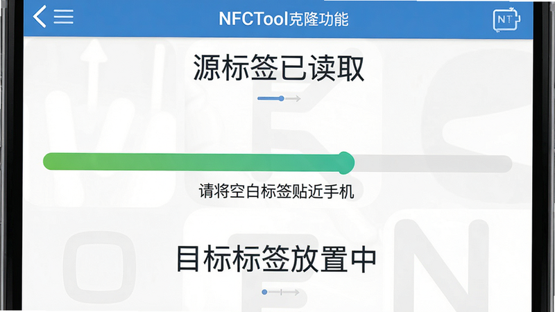 主体:NFCTool克隆功能界面,上半部分显示“源标签已读取”,下半部分显示“目标标签放置中”,中间有进度条,布局上下结构,风格简洁,细节:进度条为绿色渐变,文字提示“请将空白标签贴近手机”,画质清晰