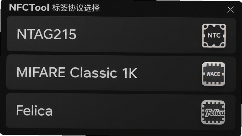 主体:NFCTool标签协议选择界面,列表显示“NTAG215”、“MIFARE Classic 1K”、“Felica”等选项,布局垂直排列,配色深色背景与白色文字,风格现代,细节:每个选项右侧有协议图标,画质细腻