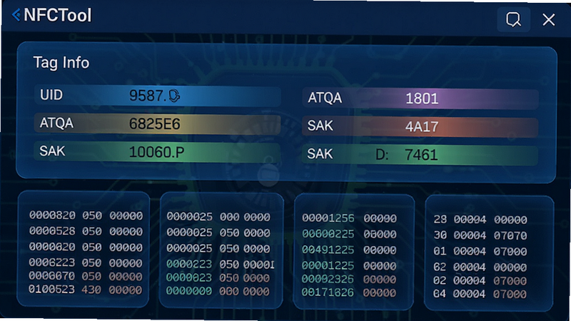 主体:NFCTool分析结果界面,显示“Tag Info”卡片,包含UID、ATQA、SAK等参数,下方为十六进制数据预览,布局卡片式设计,风格科技蓝,细节:数据字段用不同颜色高亮,画质高保真