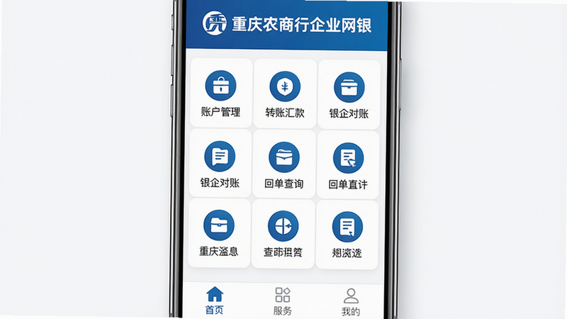 重庆农商行企业网银手机应用主界面,顶部显示“重庆农商行企业网银”品牌标识,中部为九宫格功能图标,包括账户管理、转账汇款、银企对账、回单查询等,底部导航栏有首页、服务、我的,整体蓝色商务风格,界面简洁现代,高清画质,干净无多余元素