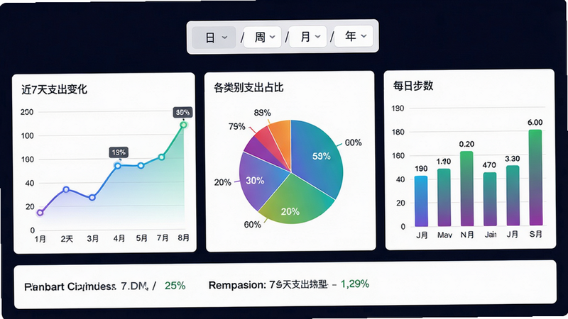 主体:数据农场仪表盘页面,顶部是时间选择器(日/周/月/年),下方从左到右依次为折线图(展示近7天支出变化)、饼图(展示各类别支出占比)、柱状图(展示每日步数)。布局:图表横向排列,底部有数据摘要文字。排版:图表比例协调,标签清晰。风格:现代、色彩丰富、渐变。细节:折线图上有数据点,饼图扇形标注百分比,柱状图每个柱上有数值。画质:干净,无多余元素。