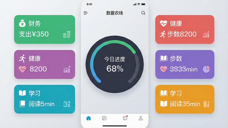 主体:数据农场APP主界面展示,中央是一个圆形仪表盘,周围分布着不同颜色的分类卡片(如“财务”、“健康”、“学习”)。布局:界面居中,手机屏幕比例,上下有状态栏和底部导航栏。排版:卡片等距排列,仪表盘占主导。风格:扁平化、清新简约、科技感,背景为浅灰渐变。细节:仪表盘上显示“今日进度68%”,卡片上分别有“支出350”、“步数8200”、“阅读35min”等数字。画质:高清,干净,无多余元素。