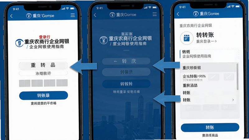 重庆农商行企业网银使用指南,手机操作截图,展示登录界面和转账步骤,箭头标注引导,蓝色商务风格,高清画质