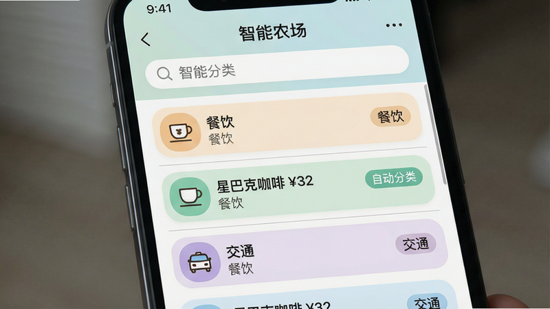 主体:手机屏幕显示数据农场“智能分类”页面,顶部搜索栏,下方为多条数据条目,每条左侧有图标(如咖啡杯代表餐饮),右侧有标签“餐饮”、“交通”等。布局:列表视图,条目间有分隔线。排版:整齐,每行高度一致。风格:卡片色彩柔和,圆角设计。细节:一条数据“星巴克咖啡 32”自动归入“餐饮”,并显示“自动分类”小徽章。画质:清晰,无多余元素。