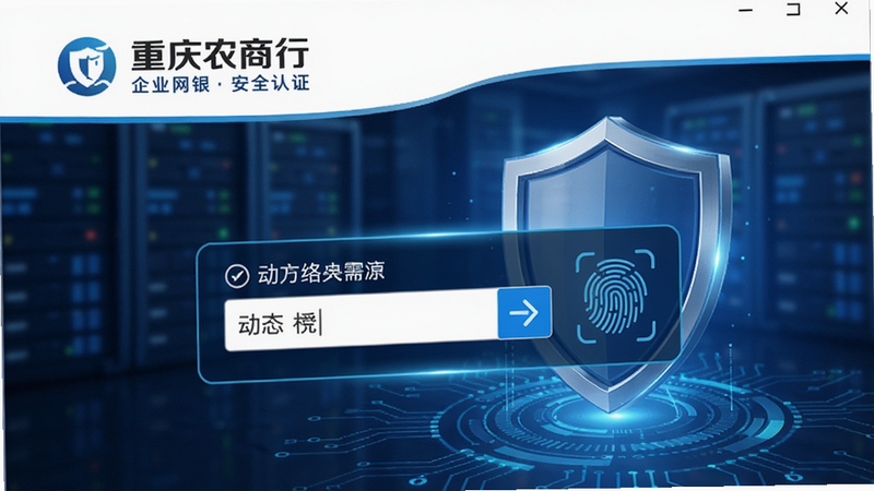 重庆农商行企业网银安全认证界面,显示动态令牌输入框、指纹识别图标,背景有盾牌图案,蓝色科技风格,强调安全,高清画质
