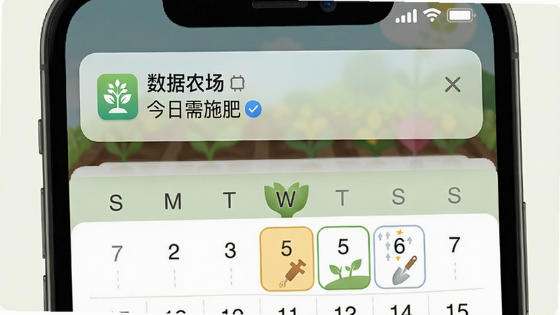画面展示手机推送通知,通知栏显示数据农场的提醒信息“今日需施肥”。布局:手机屏幕特写,上方有通知,下方有日历界面。风格:拟物化,色彩柔和。细节:通知上有“数据农场”标识,日历日期高亮并带有农事标记。画质清晰,背景简洁。