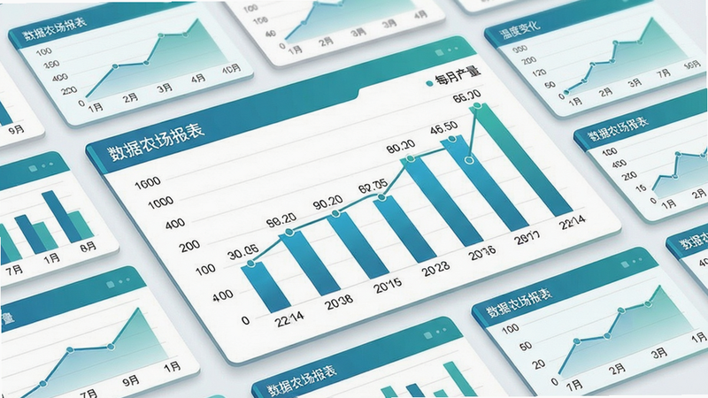 画面显示数据农场报表界面,包含多个数据图表,如柱状图展示每月产量,折线图展示温度变化。布局:中央大图表,四周小卡片。风格:商务简约,蓝绿色系。细节:图表有标注“数据农场报表”,数据点清晰,坐标轴刻度准确。画质干净,透视感强。