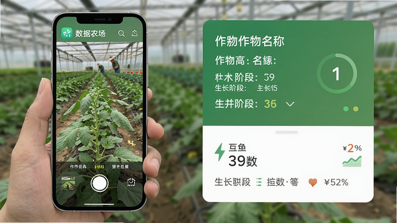 画面展示数据农场的拍照识别功能,用户手持手机对着农作物拍照,屏幕上显示识别结果和参数。布局:左侧为手机拍摄界面,右侧为识别数据卡片。风格:写实+扁平混合,色彩自然。细节:手机屏幕上有“数据农场”应用图标,识别结果包含作物名称、生长阶段等。画质清晰,无多余元素。