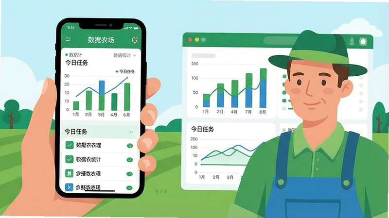 画面主体为一位农场主手持智能手机,屏幕显示数据农场APP主界面,包含作物统计图表和任务列表。布局采用左半部分为手机特写,右半部分为数据可视化图表。风格为现代扁平化插画,色彩清新明快,以绿色和蓝色为主色调。细节:手机屏幕上的文字标注“数据农场”和“今日任务”,图表显示柱状图和折线图。画质高清,干净无多余元素。