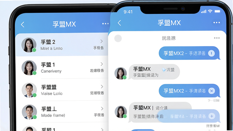 手机界面展示孚盟MX的消息聚合页面,左侧为联系人列表,右侧为聊天窗口,顶部显示
