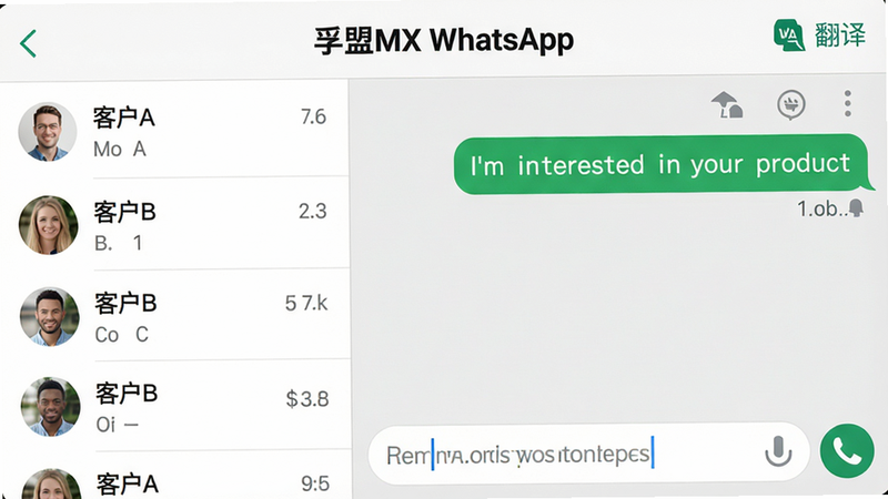 画面展示孚盟MX的WhatsApp聊天界面,左侧为联系人列表,标注“客户A”、“客户B”等,右侧为聊天窗口,显示一条英文消息“I'm interested in your product”,下方有输入框和快捷回复按钮。聊天窗口上方有“翻译”图标。整体布局类似微信,顶部有“孚盟MX WhatsApp”字样,背景为浅灰色,气泡为绿色。画质清晰,无多余元素。
