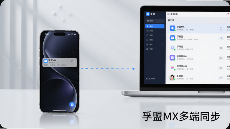 画面展示一部手机和一个电脑并排放置,手机屏幕显示孚盟MX的消息通知界面,电脑屏幕显示孚盟MX的客户列表界面。背景为浅灰色,光线柔和。手机和电脑之间有一条虚线表示数据同步。整体风格科技感,干净,画质高清。文字“孚盟MX多端同步”位于图片右下角。
