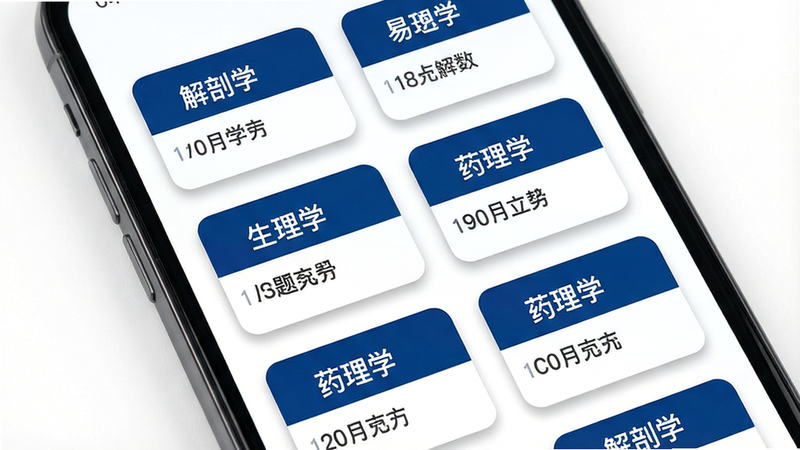 主体:手机屏幕内显示医学基础知识易题库的题库列表,列出“解剖学”“生理学”“药理学”等科目卡片。布局:卡片式排列,每张卡片有科目名和题目数量。风格:清新简洁,背景纯白。细节:卡片边缘圆角,带浅阴影,文字为深蓝色。画质:清晰干净,无多余元素。