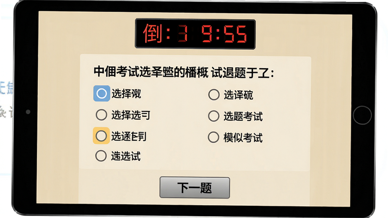 主体:模拟考试界面,顶部显示倒计时时钟,中央是选择题题干和四个选项,底部有“下一题”按钮。布局:标准考试布局,背景为米色。风格:正式考试风格,字体为黑体。细节:选项前有圆形单选按钮,已选选项高亮。画质:干净无干扰。