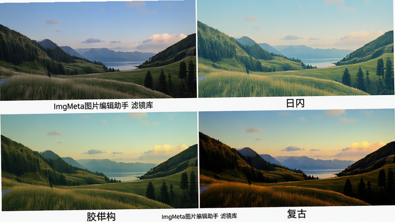 主体:一组四张并列的缩略图展示同一张风景照应用不同滤镜后的效果,分别为原图、日系、胶片、复古;布局:四宫格排列,每张图下方标注滤镜名称;排版:网格状;风格:摄影作品展示;细节:每张图色彩风格迥异,但清晰度一致;画质:高清,干净,图片中文字标注“ImgMeta图片编辑助手滤镜库”。