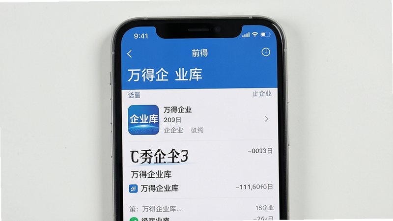 主体:手机屏幕展示万得企业库应用界面,布局:手机居中,屏幕显示企业详情页,排版:手机模型与界面内容,风格:真实截图风格,细节:手机边框圆角,屏幕内容清晰,画质:高清,干净,无多余元素。文字:“万得企业库”应用名称。