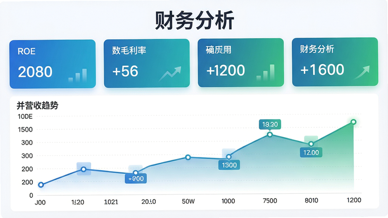 主体:万得企业库财务图表界面,布局:上方为财务指标卡片(ROE、毛利率等),下方为折线图展示营收趋势,排版:卡片与图表组合,风格:金融数据仪表盘风格,细节:图表有坐标轴标签,数据点高亮,颜色搭配专业(蓝绿渐变),画质:高清,干净,无多余元素。文字:“财务分析”标题。