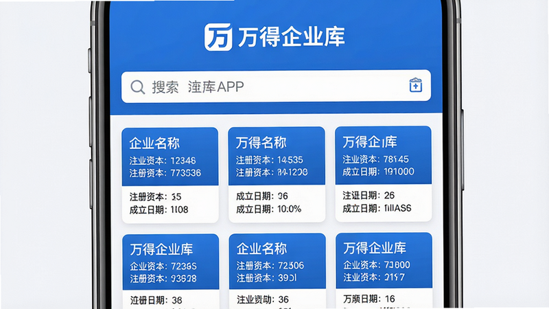 主体:万得企业库APP主界面,布局:上方搜索栏,中间显示企业卡片列表,每个卡片包含企业名称、注册资本、成立日期等字段,排版:整齐的网格布局,风格:现代简洁商务风,细节:界面以蓝色和白色为主色调,数据字段清晰可读,画质:高清,干净,无多余元素。文字:“万得企业库”Logo在上方。