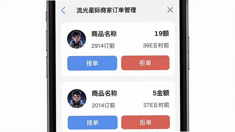 流光星际商家订单管理界面截图,显示待处理订单列表,每个订单卡片包含顾客头像、商品名称、金额、时间,底部有“接单”和“拒单”按钮,背景为白色,列表布局整齐,画质清晰,手机竖屏展示
