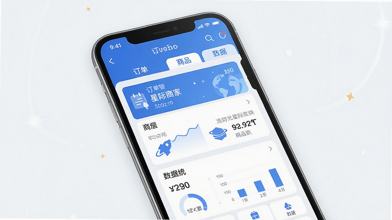 流光星际商家手机应用界面预览图,展示订单管理、商品管理、数据统计三大功能模块,采用扁平化设计风格,蓝白配色,界面干净整洁,主体为手机屏幕截图,布局清晰,有“订单”、“商品”、“数据”等标签,画质高清,无多余元素