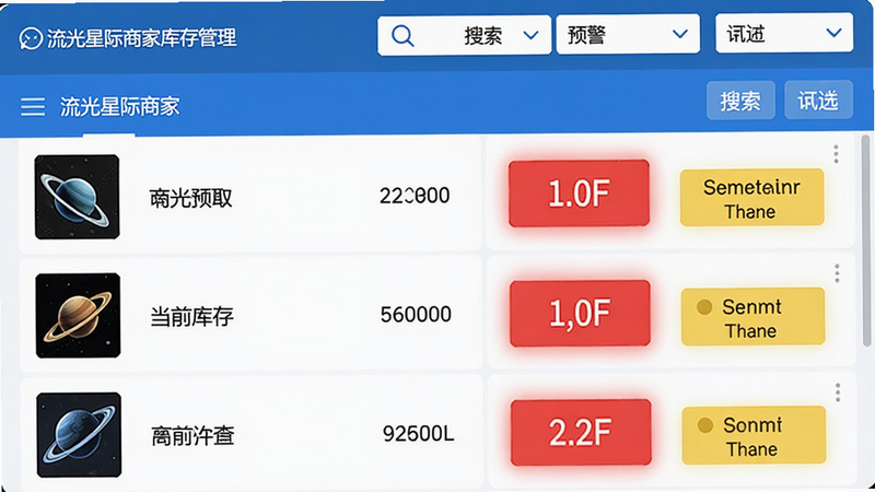 流光星际商家库存管理界面,展示商品列表,每行显示商品图片、名称、当前库存、预警状态,库存低于阈值时数字标红,顶部有搜索和筛选选项,界面简洁,蓝白配色,画质高清