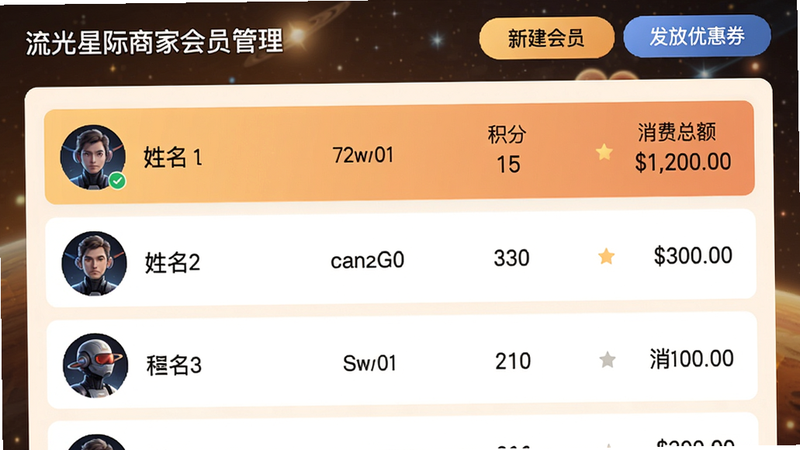 流光星际商家会员管理界面,展示会员列表,每行显示头像、姓名、等级、积分、消费总额,顶部有“新建会员”、“发放优惠券”按钮,卡片式布局,背景暖色,画质干净