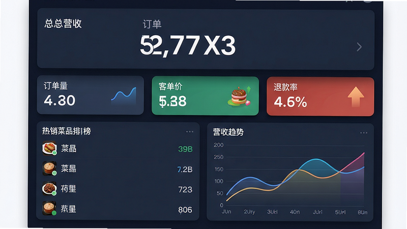 主体:Mulazim商家数据看板界面;布局:顶部为总营收大数字卡片,下方一排指标卡片(订单量、客单价、退款率),再往下为热销菜品排行榜和营收趋势折线图;排版:仪表盘式,信息聚合;风格:数据可视化,深色背景(深蓝/灰)搭配彩色图表,白色文字;细节:折线图平滑,排行榜显示菜品名称和销量数字,卡片有微投影;画质:高清,干净无多余元素,图表清晰可读