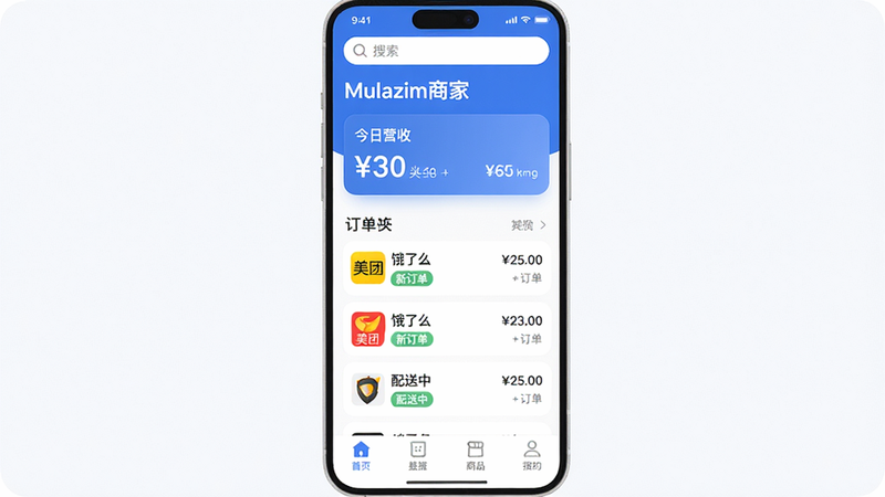 主体:Mulazim商家APP主界面,展示订单、数据、商品三大核心模块;布局:顶部为搜索栏和“Mulazim商家”标题,中部为今日营收卡片和订单列表,底部导航栏四个图标;排版:卡片式布局,信息层级分明;风格:现代简洁,蓝色主色调搭配白色背景,圆角设计;细节:订单列表显示平台图标(美团、饿了么)、订单状态标签(新订单、配送中)、金额;画质:高清,干净无多余元素,适合作为预览图