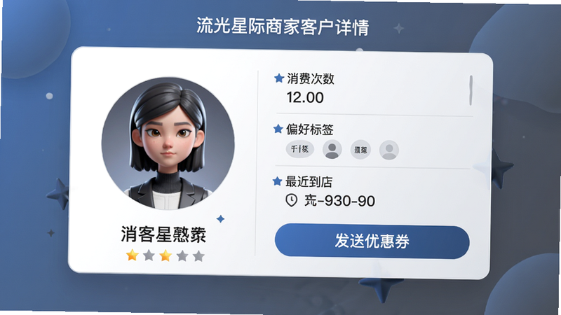 流光星际商家客户详情页,主体为一位虚拟顾客档案卡片,布局左侧头像右侧信息,包含“消费次数”“偏好标签”“最近到店”字段,下方为“发送优惠券”按钮,风格简约商务、蓝灰配色,细节有星星图标表示会员等级,画质清晰、无冗余装饰