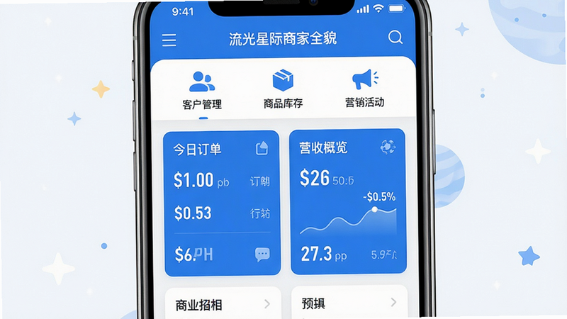流光星际商家全貌预览图,主体为一部手机屏幕显示软件主界面,布局中央展示“今日订单”与“营收概览”数据卡片,上方为功能导航栏,整体风格扁平化、蓝白配色,细节包含“客户管理”“商品库存”“营销活动”等图标,画质高清、干净明亮、无多余元素