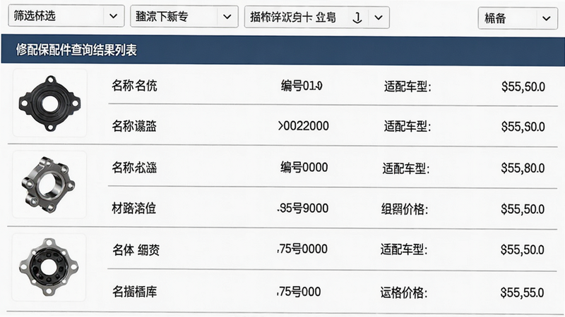 主体:修配保配件查询结果列表,布局:左侧为配件缩略图,右侧为名称、编号、适配车型、价格,排版:列表式,风格:简洁商务,细节:每行有分隔线,顶部有筛选条件,画质:高清,干净,无多余元素