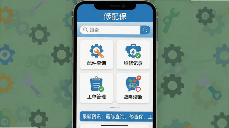 主体:修配保APP界面截图,展示首页功能模块,布局:上方为搜索栏,中部为常用功能图标(配件查询、维修记录、工单管理、故障码诊断),下方为最新资讯滚动条,排版:卡片式排列,风格:扁平化设计,蓝白配色,细节:图标清晰,文字“修配保”位于顶部,画质:高清,干净,无多余元素