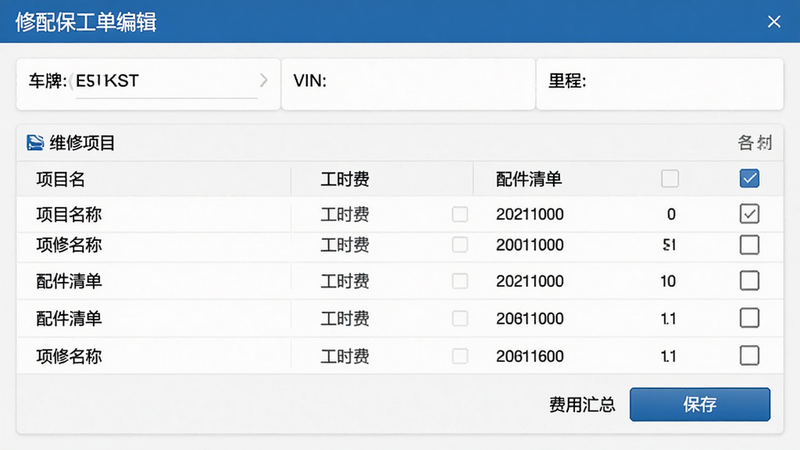 主体:修配保工单编辑页面,布局:上方为车辆信息(车牌、VIN、里程),中部为维修项目列表(含项目名称、工时费、配件清单),下方为费用汇总与保存按钮,排版:表单式,风格:清晰专业,细节:每个项目有勾选框,画质:高清,干净,无多余元素