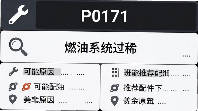 主体:修配保故障码诊断结果页,布局:上部显示故障码P0171,中部为故障说明“燃油系统过稀”,下部列出可能原因与推荐配件,排版:分区明确,风格:技术感,细节:图标(扳手、放大镜),画质:高清,干净,无多余元素