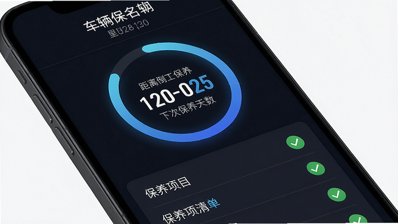一张手机APP截图,展示修配保保养提醒页面。顶部显示车辆名称和里程数,下方有一个倒计时圆环,显示距离下次保养的天数,圆环下方列出保养项目清单,每项有完成状态。整体采用深色背景搭配渐变蓝色,数据可视化效果好,画质细腻,无干扰元素。