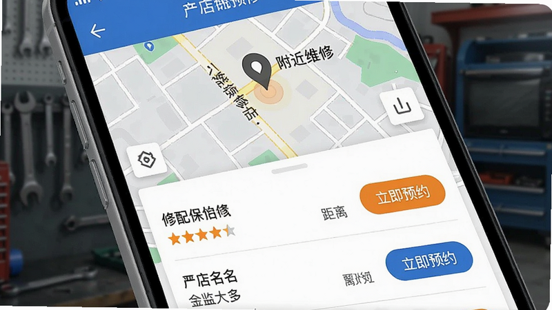 一张手机屏幕截图,显示修配保维修预约界面。上半部分是地图定位,标记附近维修店;下半部分为门店列表,包含店名、星级评分、距离和“立即预约”按钮。整体设计注重信息层级,采用蓝橙色点缀,画质清晰,排版美观。