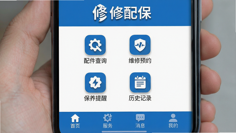 一张智能手机屏幕截图,显示修配保APP主界面,顶部有「修配保」logo和品牌文字,中部排列四个功能图标:「配件查询」「维修预约」「保养提醒」「历史记录」,底部导航栏包含首页、服务、消息、我的。整体采用蓝白配色,界面简洁干净,图标带有轻微投影,画质高清,无多余元素。