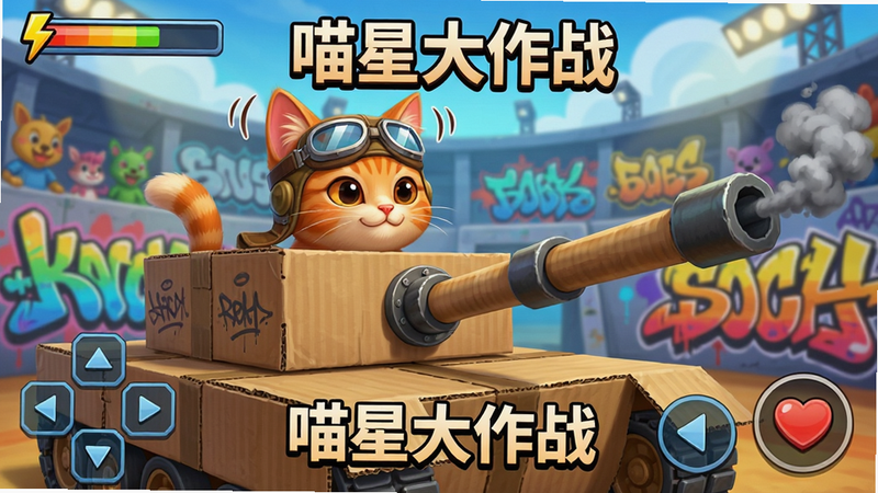 一只可爱的橘猫头戴飞行员护目镜,正坐在一辆由纸箱改装成的坦克里,炮管瞄准前方。背景是充满涂鸦的竞技场,色彩明亮活泼。画面采用游戏UI风格,左上角有能量条,底部有控制按钮。画质清晰,细节丰富(如猫耳朵抖动、炮管冒烟),无多余元素,干净整洁。正中央有醒目的文字标题“喵星大作战”。