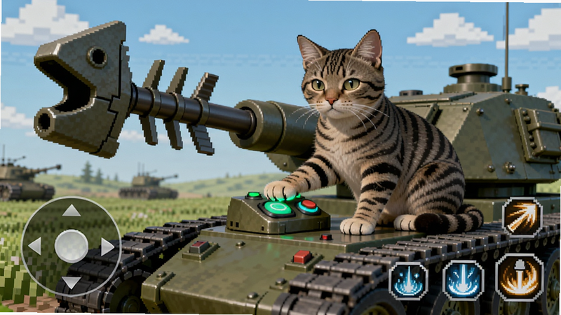 一只虎斑猫蹲坐在履带战车上,战车装备了鱼骨造型的炮管,猫爪控制按钮发着光。背景是像素风格的草地战场,有蓝色天空和白云。游戏界面底部有虚拟摇杆和技能图标。画质高清,色调柔和,猫咪毛发细节清晰,无多余UI干扰,干净画面。