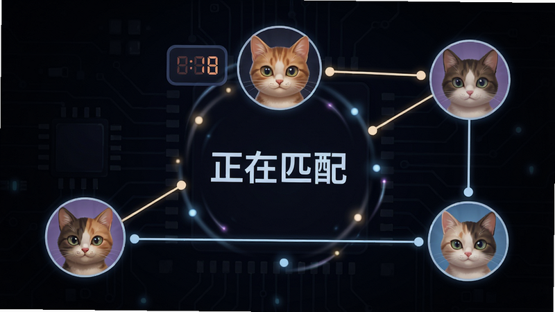 游戏匹配界面,一只猫咪头像在倒计时中与另外三个头像连接成连线图。背景是暗色电路板风格,中间显示“正在匹配”字样,周围有旋转的光点。画质清晰,动态光效柔和,无多余元素,干净整洁。